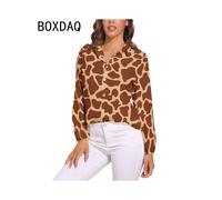 (CXCY-111, M) 3D Giraffe Skin Print Blouse Spring Long Sleeve Casual Blouses Woman Simple Modern Art Street Fashion Oversize Shirt Blouse