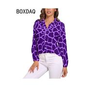 (CXCY-119, L) 3D Giraffe Skin Print Blouse Spring Long Sleeve Casual Blouses Woman Simple Modern Art Street Fashion Oversize Shirt Blouse