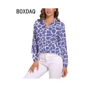 (CXCY-120, L) 3D Giraffe Skin Print Blouse Spring Long Sleeve Casual Blouses Woman Simple Modern Art Street Fashion Oversize Shirt Blouse