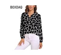 (CXCY-121, M) 3D Giraffe Skin Print Blouse Spring Long Sleeve Casual Blouses Woman Simple Modern Art Street Fashion Oversize Shirt Blouse