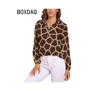 (CXCY-125, L) 3D Giraffe Skin Print Blouse Spring Long Sleeve Casual Blouses Woman Simple Modern Art Street Fashion Oversize Shirt Blouse