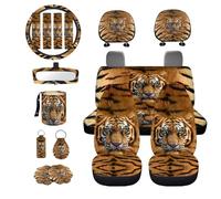 Cxdvotvy 17 Piece Car Seat Cover Full Set, Tiger Printed Car Front and Black Seat Protector with Steering Wheel Cover Safety Belt Pads Rearview Mirror Protector Garbage Bag Cup Coaster Keychain