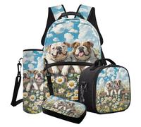 Cxdvotvy English Bulldog Print School Bag Bookbag Set 4 Pcs, Daisy Print Backpack Lightweight 17 Inch Pencil Box Insulated Lunch Bag Cup Cover Blue