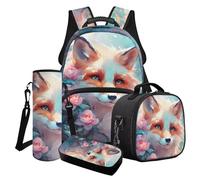 Cxdvotvy Fox Flower Print School Bag Set, Children's Backpack Kids 17 Inch Rucksack with Lunchbag Pencil Case Bottle Cover Big Capacity Blue