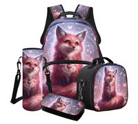 Cxdvotvy Fox Print School Backpack Set with Lunch Bag Pencil Case Water Bottle Cover, Computer Bag Bookbag with Breathable Padded Shoulder Strap Pink