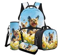 Cxdvotvy Yorkshire Print Kids Backpack Set 4 Pack, Daisy Print School Bag Lightweight with Lunch Bag Bottle Carrier and Pencil Case for Kindergarten Kids Blue