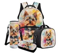 Cxdvotvy Yorkshire Terrier Print Backpack Lunchbag Set for Kids, Watercolor Print School Bag Sturdy Pencil Pouch Insulated Water Cup Bag Gift for Children