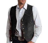 CXFOVIOVA Mens V Neck Suit Vest Retro 5 Button Suede Leather Regular Fit Casual Waistcoat for Prom,Husband Gift,Daily Wear, Black, Medium