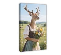 CXGFEFFG Deer in Pastoral Dress with Flower Bouqu Canvas Poster Wall Art Decor Print Picture Paintings for Living Room 20x30inch(50x75cm)