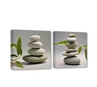 CXHOSTENT 2 Pieces Zen Canvas Wall Art Green Bamboo and Zen Stone Pictures Spa Painting Print Meditation Spirit Bathroom Decor Frame (Zen - 2, 30x30cmx3Pcs)