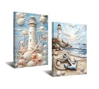 CXHOSTENT 2Pcs Lighthouse Wall Art Ocean Bathroom Wall Decor Nautical Seascape Painting Prints Underwater & Coastal Scene Artwork for Beach House Decor (12x16inchx2 Pieces)