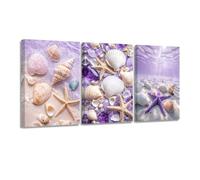 CXHOSTENT 3 Panel Coastal Pictures for Bathroom Shells Starfish Wall Art Seaside Ocean Beach Seashell Painting Prints for Bedroom Living Room Decor Framed (Purple, 20x28inchx3 Pieces)