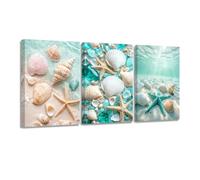 CXHOSTENT 3 Panel Coastal Pictures for Bathroom Shells Starfish Wall Art Seaside Ocean Beach Seashell Painting Prints for Bedroom Living Room Decor Framed (Teal, 11x14inchx3 Pieces)