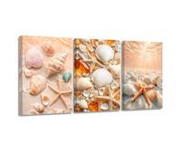 CXHOSTENT 3 Panel Coastal Pictures for Bathroom Shells Starfish Wall Art Seaside Ocean Beach Seashell Painting Prints for Bedroom Living Room Decor Framed (Orange, 24x36inchx3 Pieces)