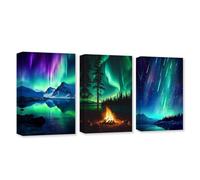 CXHOSTENT 3 Panels Aurora Borealis Canvas Wall Art Northern Lights Wall Decor Snow Mountain Lake Forest Bonfire Pictures Large Living Room Decor Frame (Aurora Borealis - 1, 40x60cmx3Pcs)