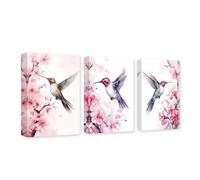 CXHOSTENT 3 Panels Birds Canvas Wall Art Hummingbird and Pink Flower Pictures Watercolor Animals Painting Print Modern Artwork Decor Frame (Hummingbird - 1, 28x35cmx3Pcs)