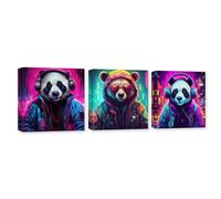 CXHOSTENT 3 Panels Colorful Animal Canvas Wall Art Panda Listening to Music Pictures Abstract Animals Painting Print Decor Frame (Panda - 2, 25x25cmx3Pcs)