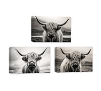 CXHOSTENT 3 Panels Highland Cow Canvas Wall Art Farm Animals Pictures Wall Decor Black and White Cattle Painting Print Decor Frame (Highland Cow - 1, 30x40cmx3Pcs)