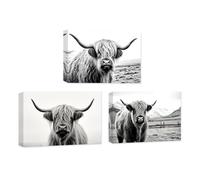 CXHOSTENT 3 Panels Highland Cow Pictures Wall Decor Black and White Animal Canvas Wall Art Longhorn Cattle Painting Farmhouse Decor Frame (Highland Cow - 2, 40x60cmx3Pcs)