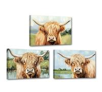 CXHOSTENT 3 Panels Highland Cow Wall Art Farmhouse Animal Decor Rustic Cow Canvas Print Farm Animals Pictures Country Farmhouse Kitchen Decor Framed (30x40cmx3)
