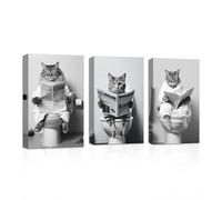 CXHOSTENT 3 Piece Animal Cat Sitting on Toilet Reading Newspaper Canvas Prints - Black and White Bathroom Wall Decor Picture Framed (Bathroom-3, 28.00 x 35.00 cms x 3PCS)