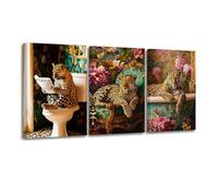 CXHOSTENT 3 Pieces Leopard Wall Art Funny Cheetah on Toilet Canvas Prints Jungle Leopard on Sofa Paintings Wildlife Animal Picture for Bathroom Restroom Decor Framed (16x24inchx3 Pieces)