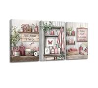 CXHOSTENT 3Pcs Pink Bathroom Wall Art Decor Rustic Bathroom Picture Quotes Sign Canvas Prints Farmhouse Toilet Paintings for Washroom Decor Framed (Pink, 11x14inchx3 Pieces)