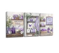CXHOSTENT 3Pcs Purple Bathroom Wall Art Decor Rustic Bathroom Picture Quotes Sign Canvas Prints Farmhouse Toilet Paintings for Washroom Decor Framed (Purple, 11x14inchx3 Pieces)