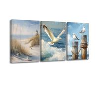 CXHOSTENT 3Pcs Seagull Canvas Wall Art Coastal Bathroom Decor Seaside Seagulls Paintings Beach Bird Pictures Prints Blue Ocean Wall Decor Framed (11x14inchx3 Pieces)