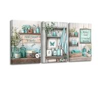 CXHOSTENT 3Pcs Teal Bathroom Picture Wall Decor Turquoise Wall Art Rustic Bathroom Sign Canvas Prints Farmhouse Toilet Paintings for Washroom Decor Framed (Teal, 12x16inchx3 Pieces)