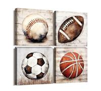 CXHOSTENT 4 Panels Boys Room Sports Wall Decor Basketball Football Rugby Baseball Canvas Picture Home Room Decor Frame (Balls - 1, 30x30cmx4Pcs)