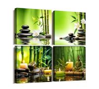 CXHOSTENT 4 Panels Zen Canvas Wall Art Black Stone Green Bamboo Floral Pictures Spa Painting Print Meditation Spirit Bathroom Decor Frame (Zen - 1, 20x20cmx4Pcs)