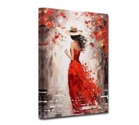 CXHOSTENT Abstract Girl Canvas Wall Art Woman with Red Dress Walking in Street Canvas Prints Rustic Vintage Landscape Picture for Bathroom Decor (A-5, 40.00 x 60.00 cms)