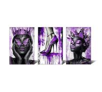 CXHOSTENT African American Black Woman Wall Art Fashion Girl Pictures 3Pcs Queen High Heel Canvas Print Butterfly Painting Makeup Room Decor Framed (Purple, 12x16inchx3 Pieces)