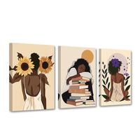 CXHOSTENT African American Boho Wall Art Black Girl Canvas Art 3 Panels Black Women Pictures Print Boho Artwork Library Office Bedroom Decor Frame (28x35cmx3)