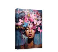 CXHOSTENT African American Canvas Wall Art Pink Butterfly on Black Women Head Pictures Black Girl Painting Print Living Room Decor Frame (African American - 1, 30.00 x 45.00 cms)