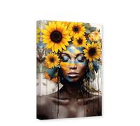 CXHOSTENT African American Canvas Wall Art Yellow Sunflower on Black Women Head Pictures Black Girl Painting Print Living Room Decor Frame (African American - 2, 30.00 x 45.00 cms)