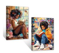 CXHOSTENT African American Children Wall Art 2 Pieces Black Girl Boy Reading Book Pictures Black Children Canvas Print Bedroom Study Decor Framed (28x35cmx2)