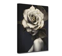 CXHOSTENT African American Wall Art White Rose Flower on Black Women Head Vintage Canvas Prints Abstract Girl Picture for Black Art Wall Decor Framed (30.00 x 45.00 cms)