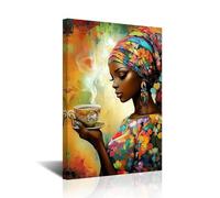 CXHOSTENT African Americans Wall Art Black Women Drink Coffee Canvas Prints Vintage Ethnic Tribal Girl Pictures Elegant Black Female Painting for Home Decor (Orange, 18L x 12W)