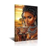CXHOSTENT African Americans Wall Art Black Women Drink Coffee Canvas Prints Vintage Ethnic Tribal Girl Pictures Elegant Black Female Painting for Home Decor (Brown, 24L x 16W)