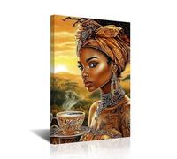 CXHOSTENT African Americans Wall Art Black Women Drink Coffee Canvas Prints Vintage Ethnic Tribal Girl Pictures Elegant Black Female Painting for Home Decor (Yellow, 18L x 12W)