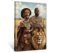 CXHOSTENT African King and Queen Wall Art African American Canvas Art Black Couple Pictures African Tribes Lions Painting Artwork Living Room Office Decor Framed (30.00 x 45.00 cms)