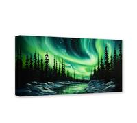 CXHOSTENT Aurora Borealis Wall Decor Green Northern Lights Canvas Wall Art Forest Lakes Pictures Print Large Living Room Decor Frame (Aurora Borealis - 1, 30L x 60W cm)