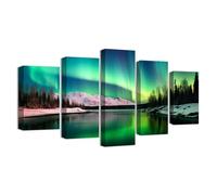 CXHOSTENT Aurora Canvas Wall Art 5 Piece Northern Lights Painting Prints Snowy Mountains Landscape Poster Picture for Bathroom Home Decor Framed (Aurora-1, 10"x16"x2, 10"x20"x2, 10"x24"x1)