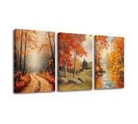 CXHOSTENT Autumn Picture Wall Art 3 Pieces Fall Forest Canvas Prints Maple Leaves Tree Painting Forest Path with Mountains Scenery Poster Home Decor Framed (Yellow, 20x28inchx3 Pieces)