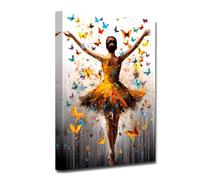 CXHOSTENT Ballet Canvas Wall Art Abstract Black Woman Dancing with Butterflies Painting Ballerina Picture Prints for Girls Room Bedroom Wall Decor Framed (B, 40.00 x 60.00 cms)