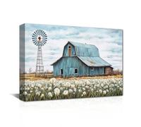 CXHOSTENT Barn Wall Art Farmhouse Pictures Wall Decor Teal Old Barn Windmill and Flowers Picture Canvas Prints Rustic Country Farm Decor Framed (Barn-2, 30.00 x 45.00 cms)