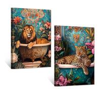 CXHOSTENT Bathroom Lion Wall Art 2 PCS Animal Bathtub Wall Decor Funny Animal Canvas Prints Leopard Pictures Wildlife Poster Restroom Decor Framed (28x35cmx2)