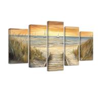 CXHOSTENT Beach Canvas Wall Art 5 Pieces Coastal Path Dune Pictures Ocean Seascape Art Prints Nature Landscape Paintings for Bathroom Bedroom Decor Framed (Brown, 16x24inx2 16x32inx2 16x40inx1)